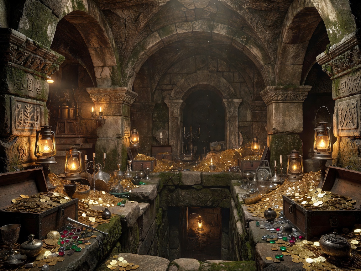 A hidden underground treasure vault filled with antique architecture, rich textures, and glowing lantern light illuminating hidden depths.