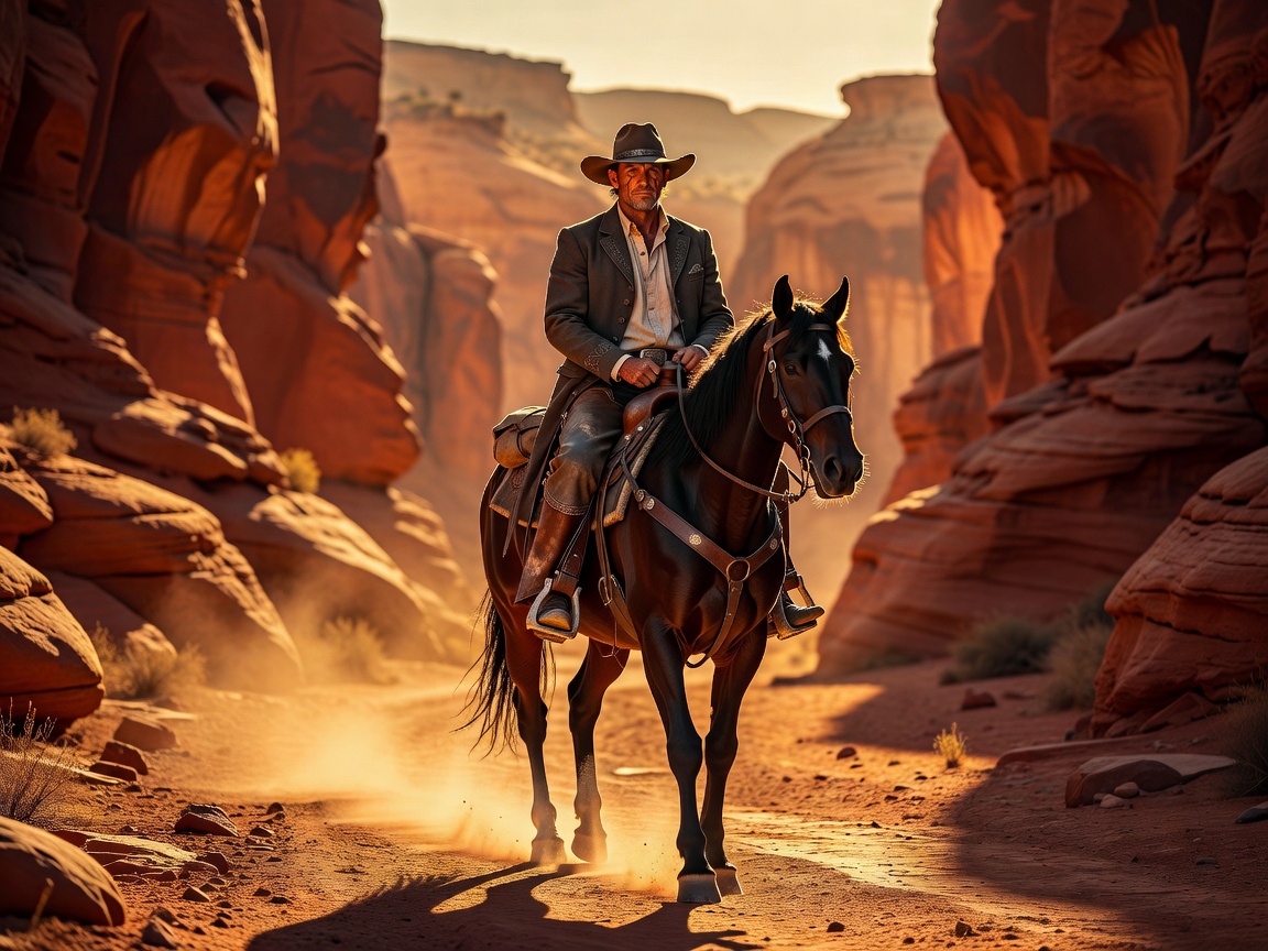 A legendary bandit riding through a canyon at sunset wearing elegant western attire with a horse, leather gear, and dramatic warm lighting.