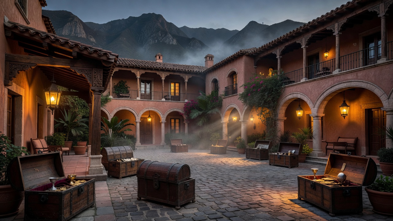 A luxurious Spanish colonial hacienda surrounded by mountains with elegant courtyards, lanterns, treasure chests, and a mysterious atmosphere.