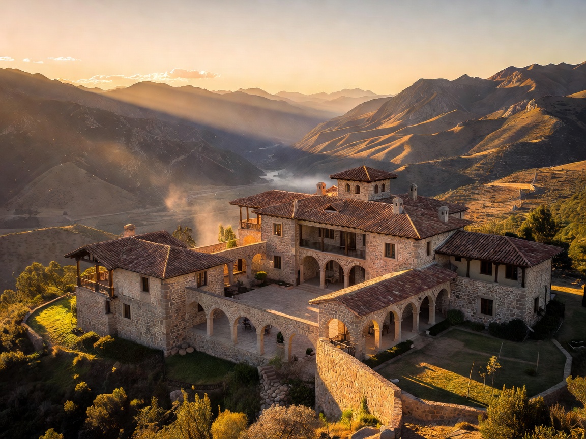 A panoramic mountain hacienda at sunset with stone walls, elegant architecture, and warm golden lighting illuminating the landscape.