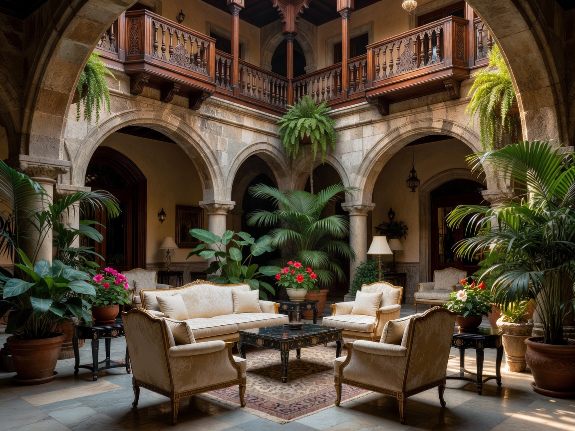 An interior courtyard featuring stone arches, wooden balconies, tropical plants, luxury furniture, and an atmosphere of refined wealth.
